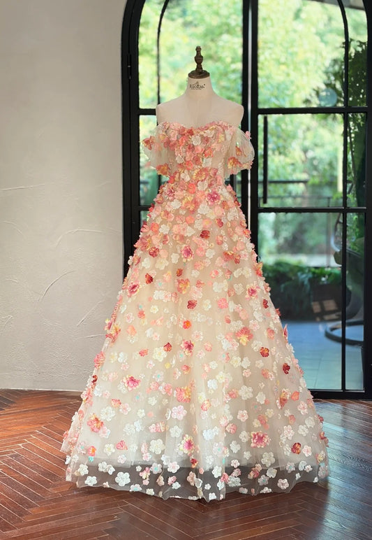 New Arrival Prom Dress A Line Off Shoulder Floral Gala Dress Evening Dress 18th Graduation Gown      D5335