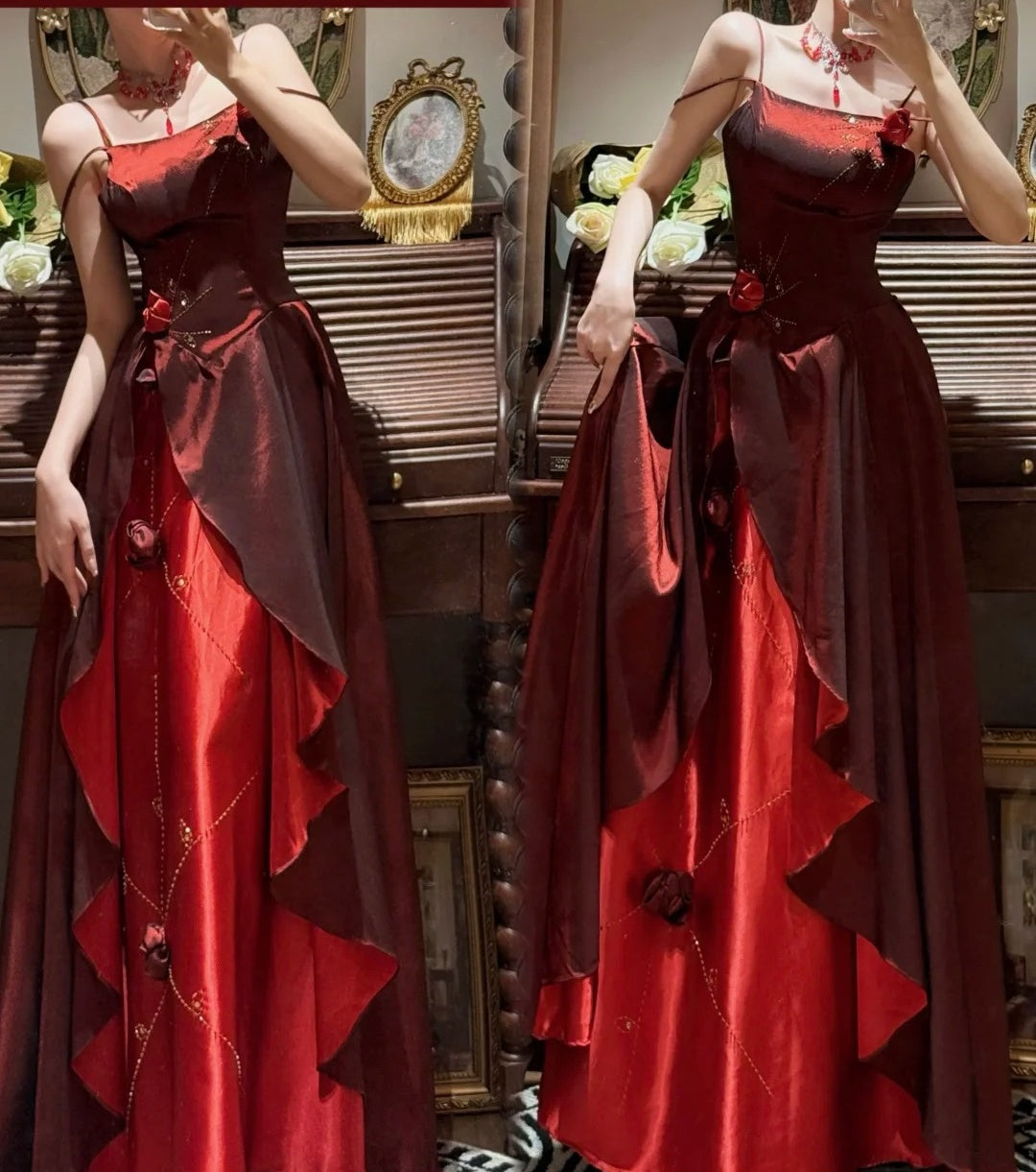 Elegantes Ballkleid Weinrot Spaghettiträger Gala Abendkleid Abschlusskleid 18. Geburtstag      D5336