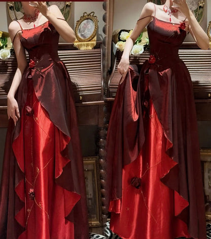 Elegantes Ballkleid Weinrot Spaghettiträger Gala Abendkleid Abschlusskleid 18. Geburtstag      D5336