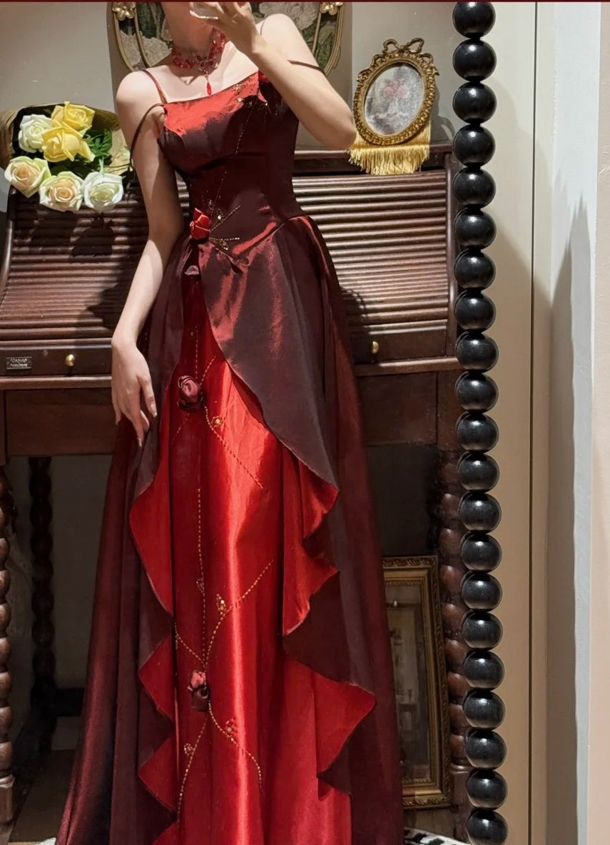 Elegantes Ballkleid Weinrot Spaghettiträger Gala Abendkleid Abschlusskleid 18. Geburtstag      D5336