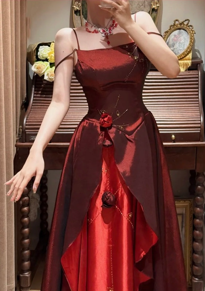 Elegantes Ballkleid Weinrot Spaghettiträger Gala Abendkleid Abschlusskleid 18. Geburtstag      D5336