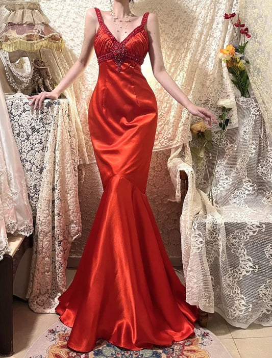 Stunning Prom Dress Red V-neck Mermaid Gala Dress Evening Dress 18th Graduation Gown      D5338