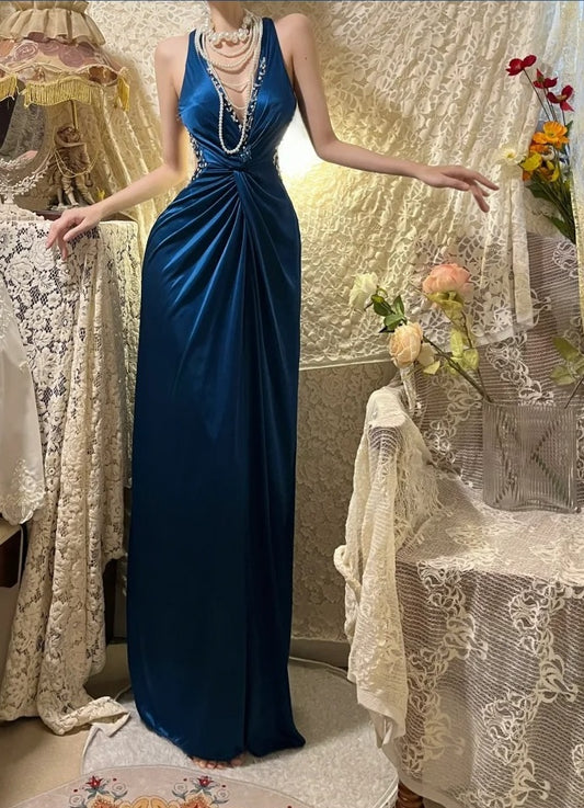 Beauty Prom Dress Navy Blue V-neck Gala Dress Evening Dress 18th Graduation Gown      D5340