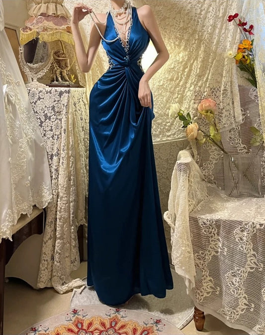 Beauty Prom Dress Navy Blue V-neck Gala Dress Evening Dress 18th Graduation Gown      D5340