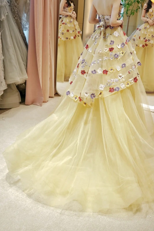Beauty Prom Dress Light Yellow Strapless Floral Pleated Tulle Gala Dress Evening Dress 18th Graduation Gown      D5341