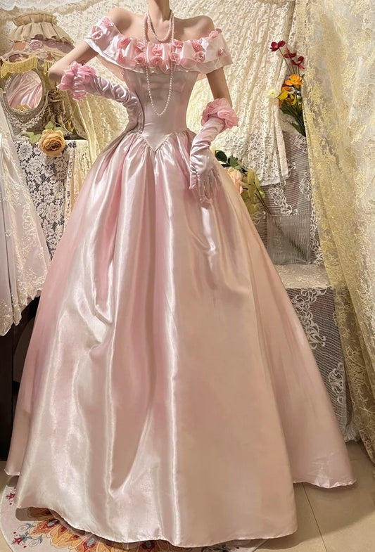 Pretty Prom Dress Light Pink Satin Off Shoulder Gala Dress Evening Dress 18th Graduation Gown      D5342