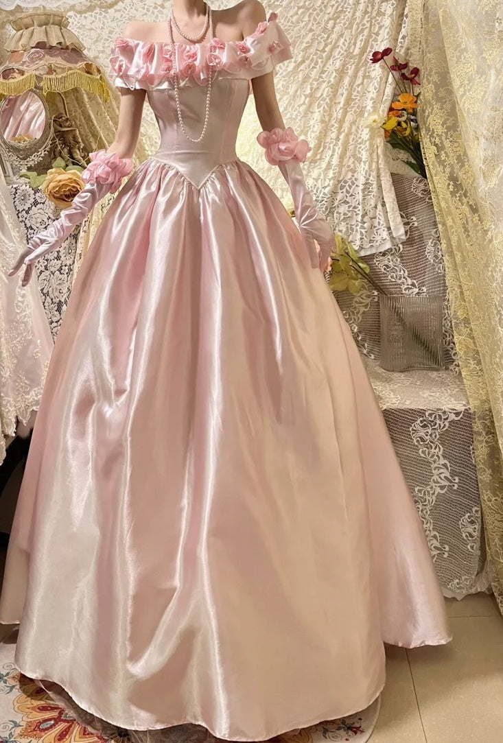 Hübsches Ballkleid Hellrosa Satin Schulterfreies Galakleid Abendkleid Abschlussballkleid D5342