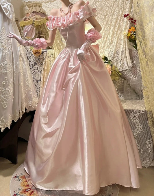 Pretty Prom Dress Light Pink Satin Off Shoulder Gala Dress Evening Dress 18th Graduation Gown      D5342