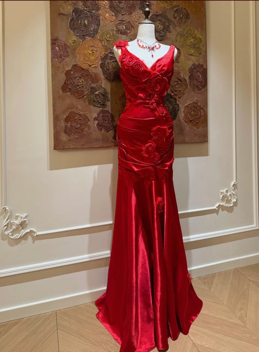 Stunning Prom Dress Red Satin Straps Gala Dress Evening Dress 18th Graduation Gown      D5343