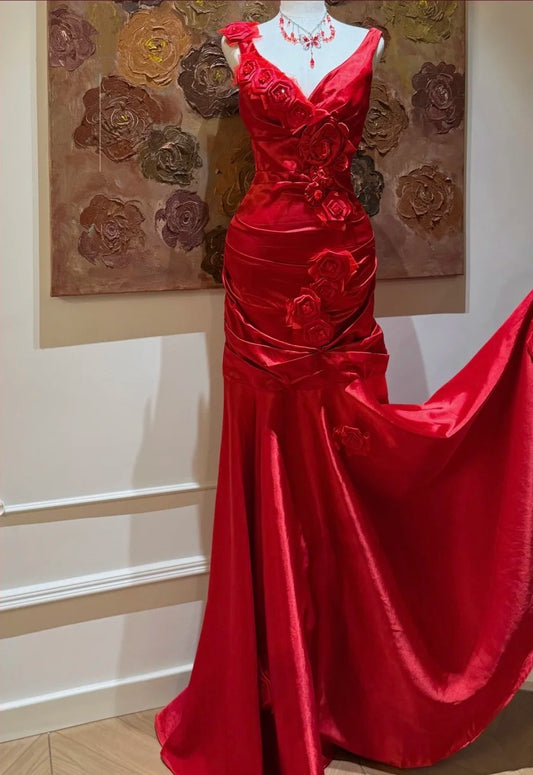 Stunning Prom Dress Red Satin Straps Gala Dress Evening Dress 18th Graduation Gown      D5343