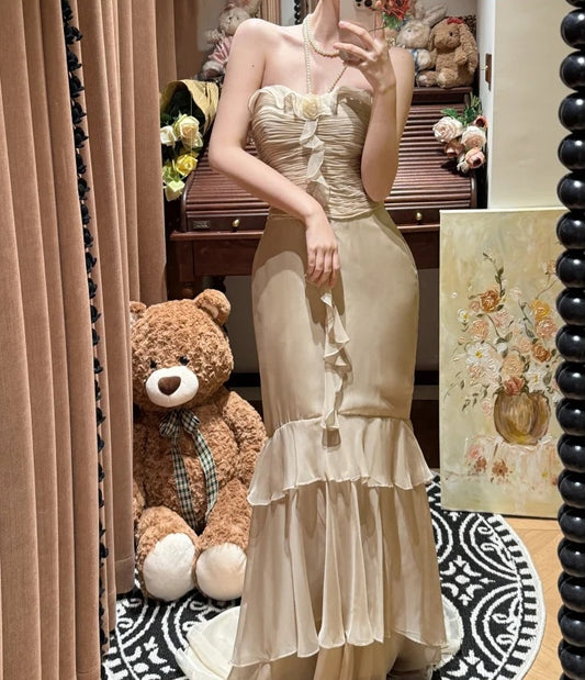 Elegant Prom Dress Chiffon Strapless Mermaid Gala Dress Evening Dress 18th Graduation Gown      D5344