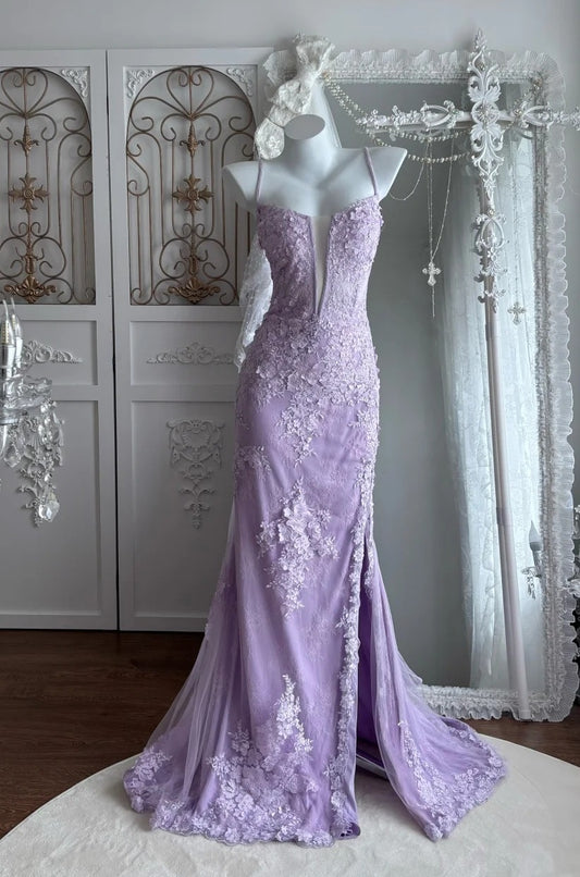 Elegant Prom Dress Lilac Spaghetti Straps Slit Mermaid Gala Dress Evening Dress 18th Birthday Gown      D5347