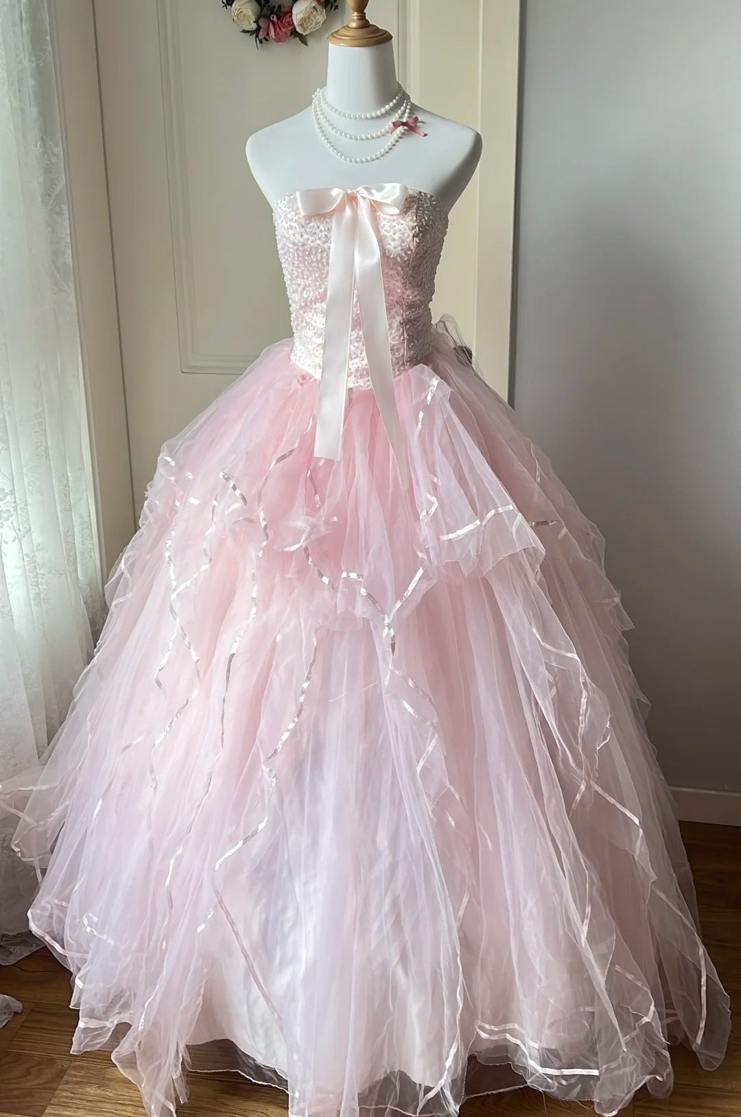 Robe de soirée bustier rose pâle en tulle plissé Douce Robe de bal Robe de Quinceañera Robe de bal pour 18e anniversaire D5348