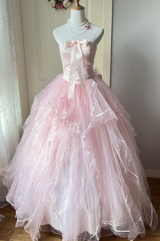 Sweet Ball Gown Light Pink Strapless Pleated Tulle Evening Dress Quinceanera Dress 18th Birthday Prom Gown       D5348