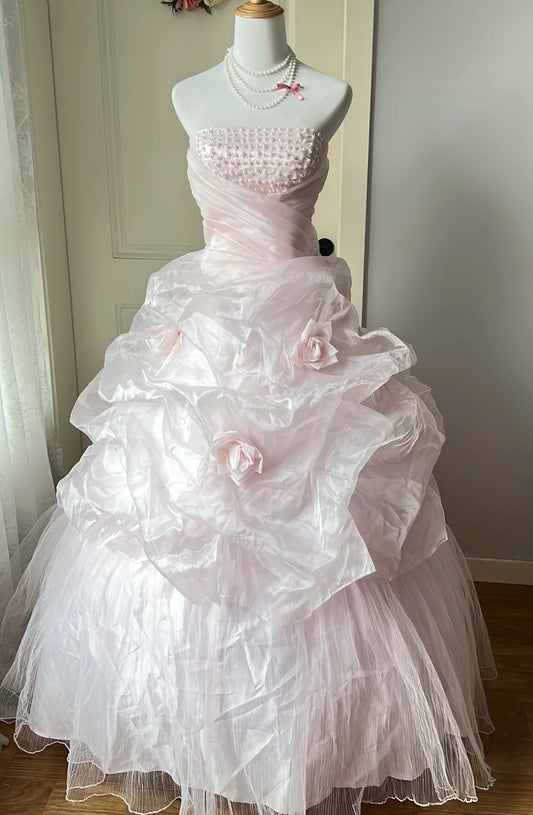 Pretty Ball Gown Light Pink Strapless Pleated Evening Dress Sweet 16th Dress 18th Graduation Gown       D5349