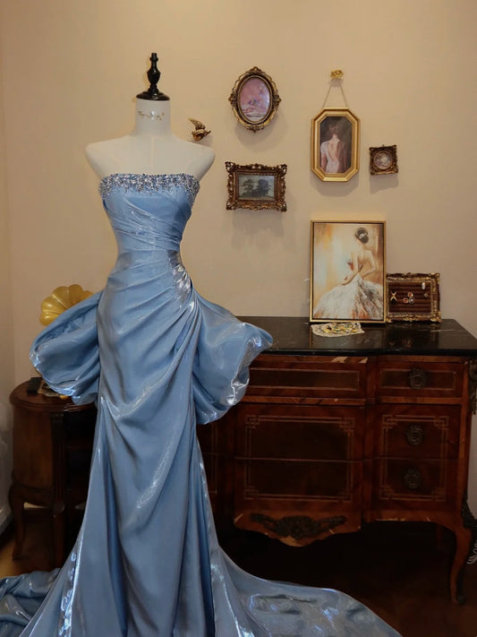 Shiny Prom Dress Strapless Pleated Gala Dress Evening Dress 18th Birthday Gown      D5357