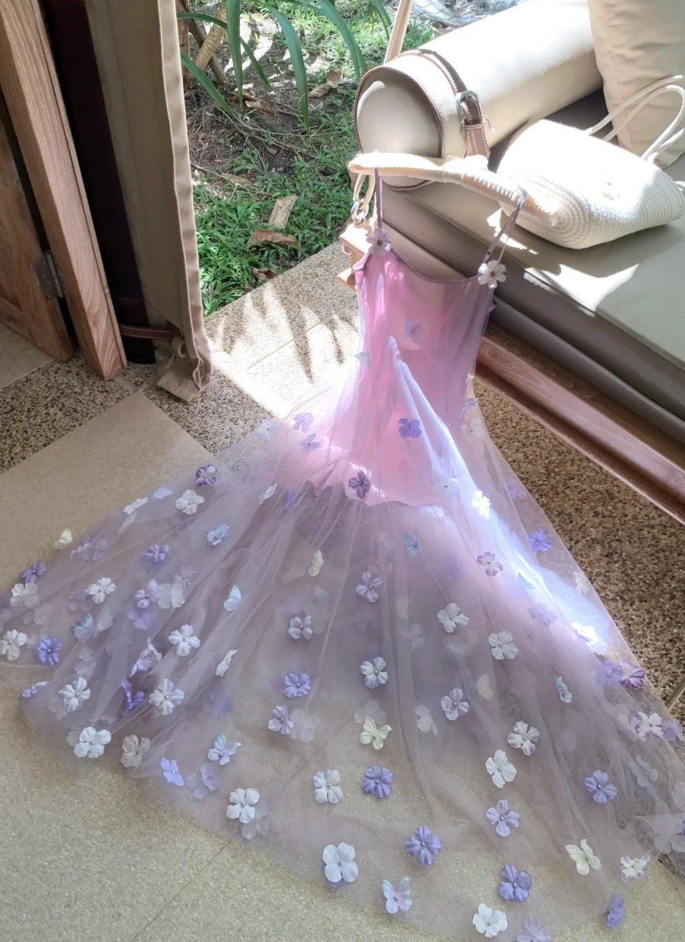 Charming Prom Dress Spaghetti Straps Pleated Tulle Floral Gala Dress Evening Dress 18th Birthday Gown      D5366