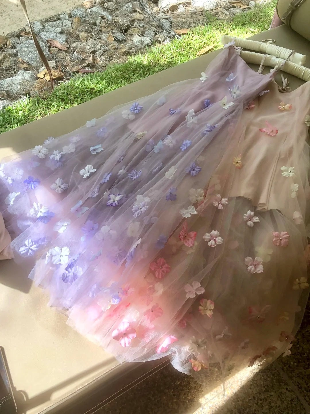 Charming Prom Dress Spaghetti Straps Pleated Tulle Floral Gala Dress Evening Dress 18th Birthday Gown      D5366