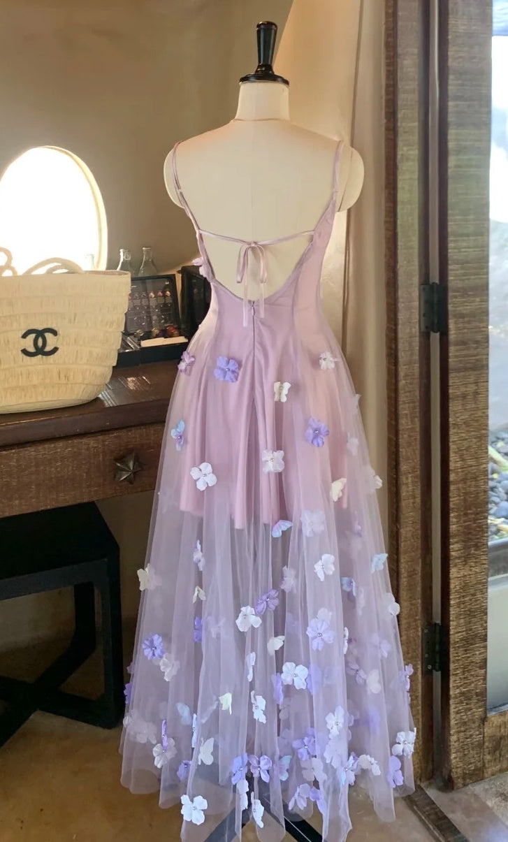 Charming Prom Dress Spaghetti Straps Pleated Tulle Floral Gala Dress Evening Dress 18th Birthday Gown      D5366