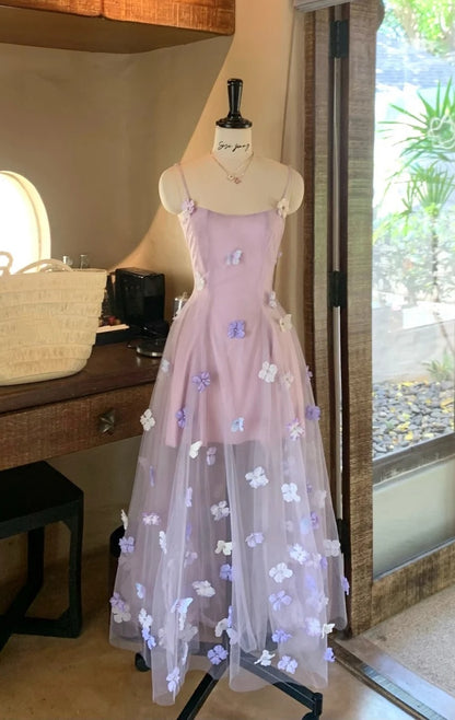 Charming Prom Dress Spaghetti Straps Pleated Tulle Floral Gala Dress Evening Dress 18th Birthday Gown      D5366