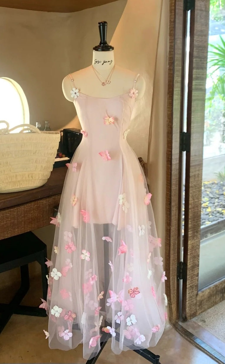 Charming Prom Dress Spaghetti Straps Pleated Tulle Floral Gala Dress Evening Dress 18th Birthday Gown      D5366