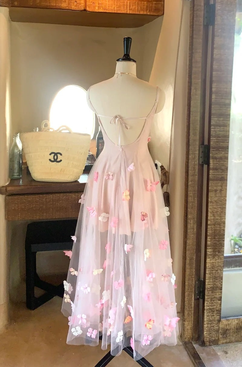 Charming Prom Dress Spaghetti Straps Pleated Tulle Floral Gala Dress Evening Dress 18th Birthday Gown      D5366
