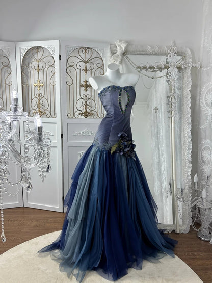 Sexy Prom Dress Strapless Pleated Tulle Mermaid Gala Dress Evening Dress 18th Birthday Gown      D5374
