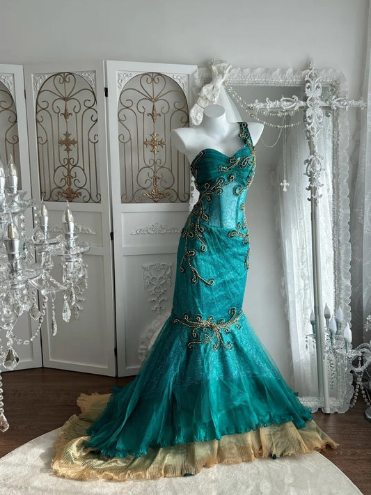 Retro Prom Dress One Shoulder Mermaid Gala Dress Evening Dress 18th Birthday Gown      D5379