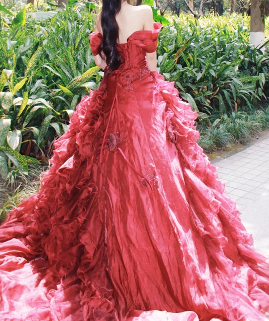 Gorgeous Ball Gown Red Off Shoulder Pleated Evening Dress Sweet 16th Dress Birthday Prom Gown       D5385