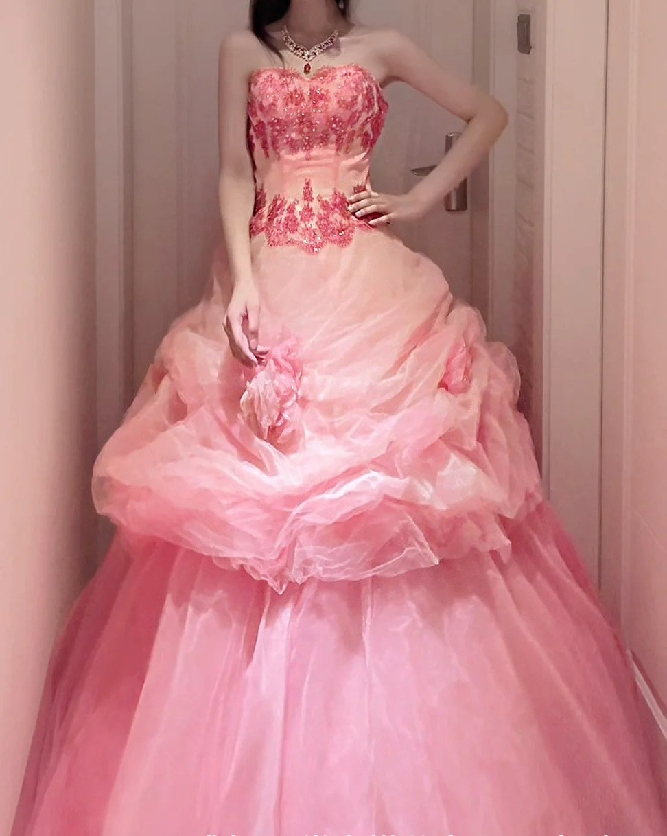 Atemberaubendes Ballkleid Rosa Trägerlos Plissierter Tüll Abendkleid Sweet 16 Kleid Geburtstag Ballkleid D5386