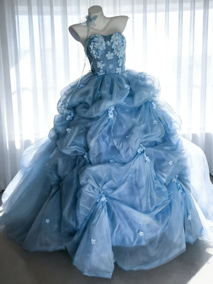 Bezauberndes Ballkleid Trägerloses Blumenplissiertes Abendkleid Sweet 16 Kleid Geburtstag Ballkleid D5392