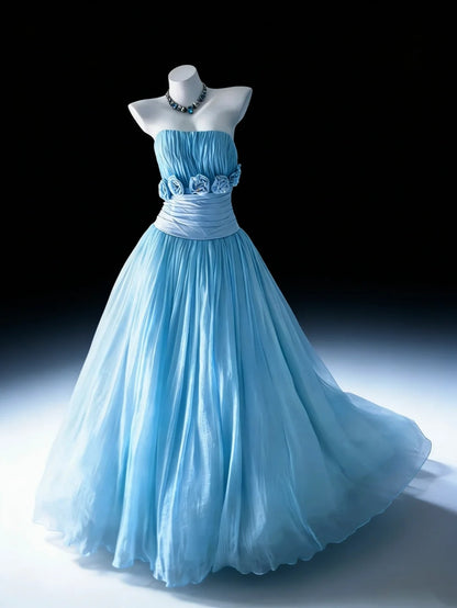 Hübsches Ballkleid Hellblau Trägerlos Plissiertes Abendkleid Quinceanera-Kleid Geburtstag Abschlussballkleid D5394