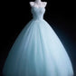 Elegantes Ballkleid Hellblau schulterfrei plissiert Tüll Abendkleid Quinceanera Kleid Geburtstag Ballkleid D5396