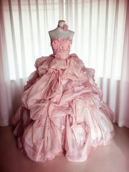 Wunderschönes Ballkleid Pink Trägerlos Plissiertes Blumenmuster Abendkleid Quinceanera-Kleid Geburtstags-Ballkleid D5397