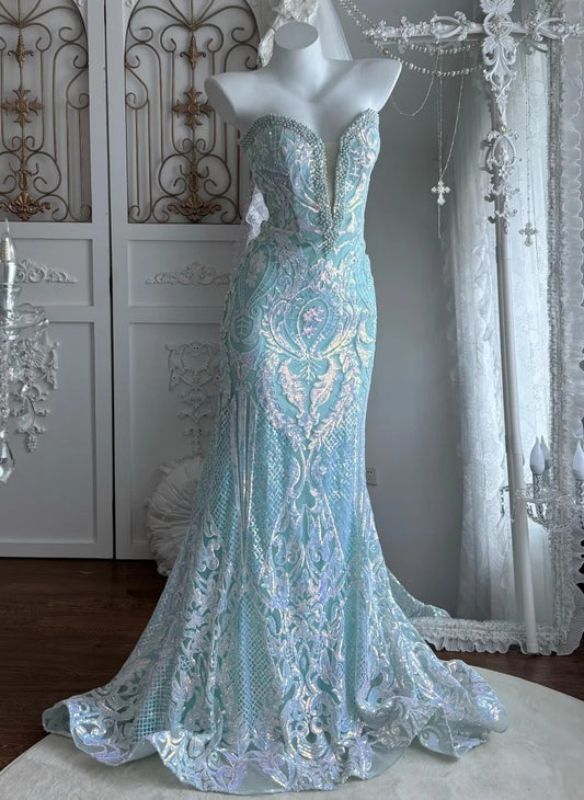 Elegant Prom Dress Sweetheart Pearl Mermaid Gala Dress Evening Dress 18th Graduation Gown      D5398