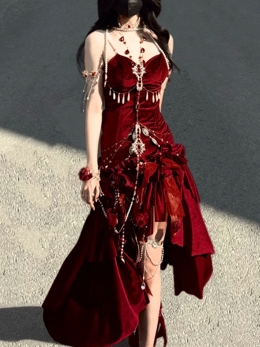 Sexy Wine Red Mermaid Velvet Long Evening Party Dress Birthday Outfits, D970