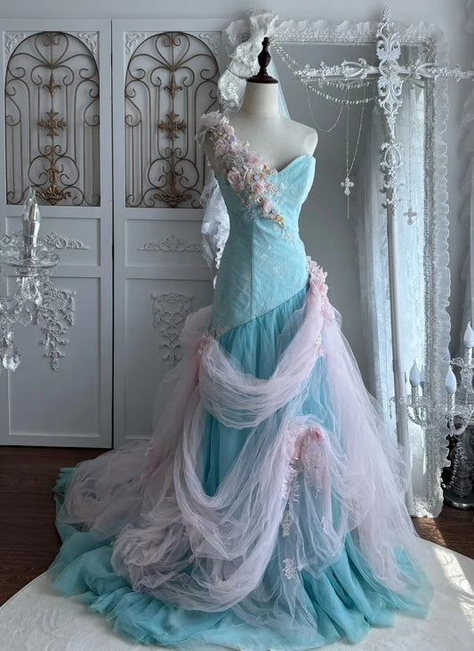 Charming Prom Dress One Shoulder Tulle Pleated Gala Dress Evening Dress Formal Gown      D5402