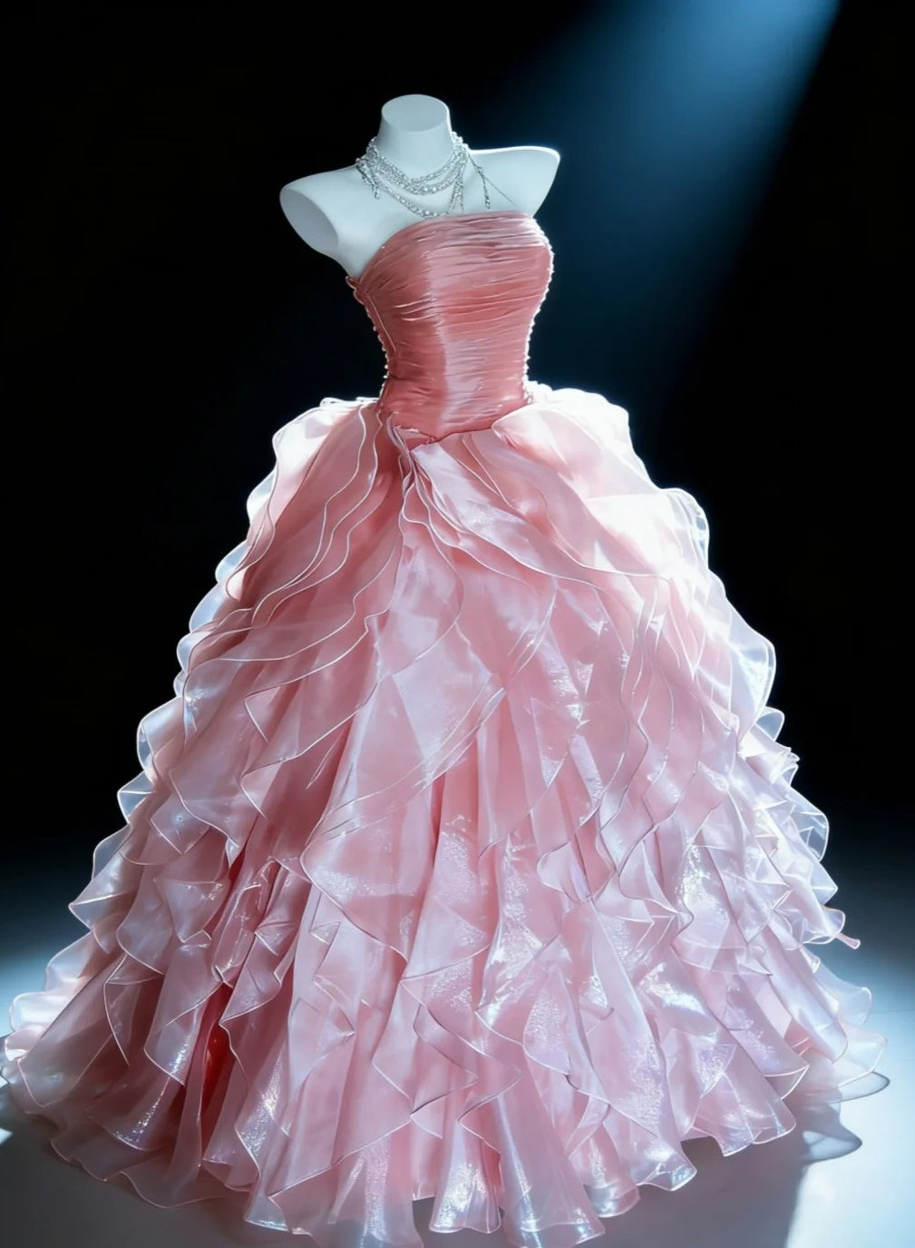 Süßes Ballkleid Trägerlos Rüschen Plissiertes Abendkleid Quinceanera Kleid Geburtstag Abschlussballkleid D5403