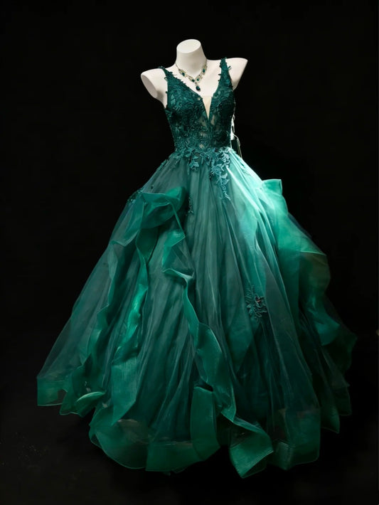 Pretty Ball Gown Dark Green Spgahtti Straps Pleated Tulle Evening Dress Quniceanera Dress Birthday Prom Gown       D5405