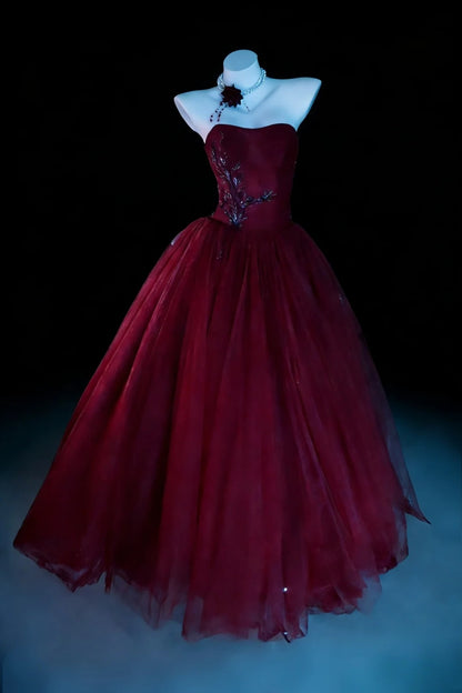Charmantes Ballkleid Weinrot Trägerloses Tüll Plissiertes Abendkleid Quinceanera Kleid Geburtstag Abschlussballkleid D5408