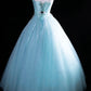 Elegant Ball Gown Light Blue Strapless Pleated Tulle Evening Dress Sweet 16th Dress Birthday Prom Gown       D5413