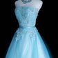 Hübsches Ballkleid Hellblau Trägerloses Plissiertes Tüll-Abendkleid Quinceanera-Kleid Geburtstag Abschlussballkleid D5416
