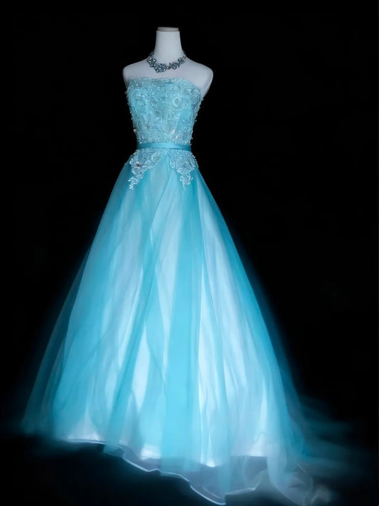 Pretty Ball Gown Light Blue Strapsless Pleated Tulle Evening Dress Quinceanera Dress Birthday Prom Gown       D5416