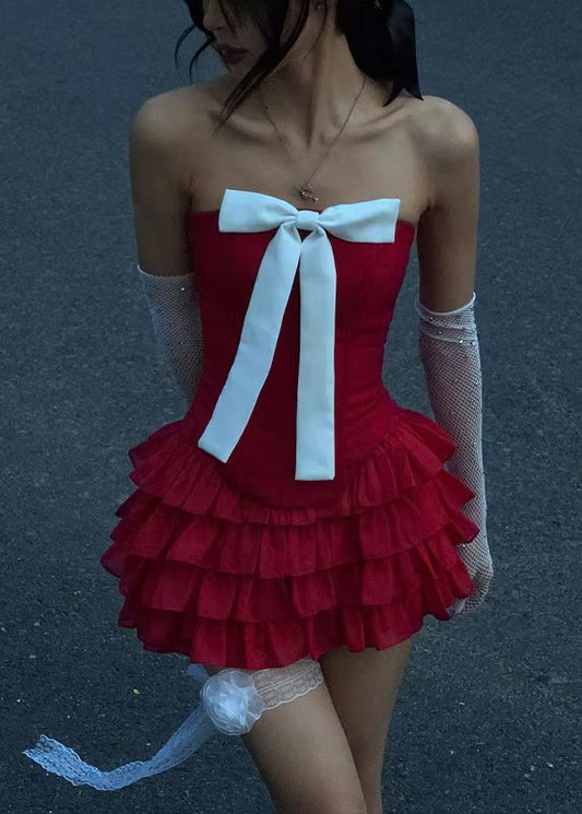 Charming Homecoming Dress Strapless Pleated Bowknot Cascade Two Pieces Back to School Outfits Party Dress  D7389