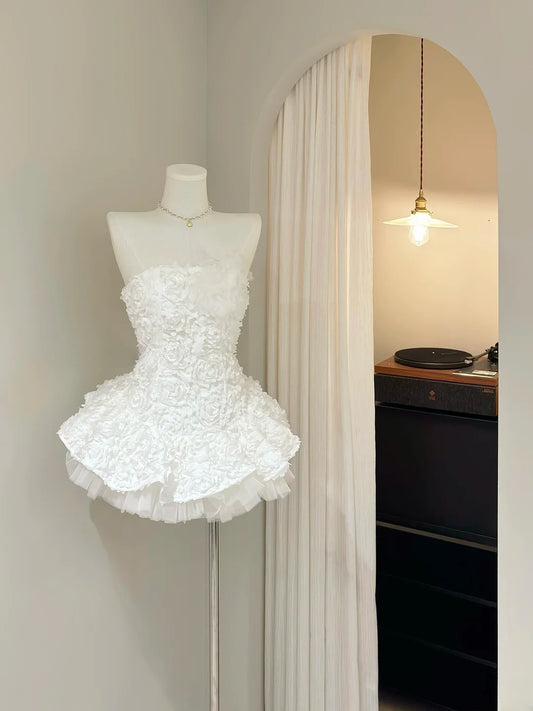 Sweet Homecoming Dress White Strapless Short Prom Dress Back to School Outfits Party Dress  D5429