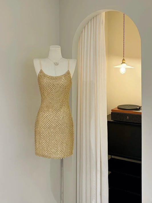 Shiny Homecoming Dress Gold Spaghetti Straps Short Prom Dress Back to School Outfits Party Dress  D5431