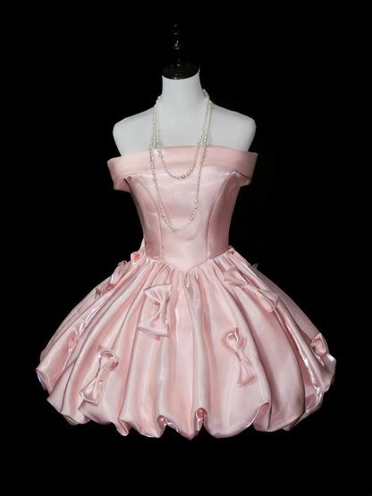 Sweet Homecoming Dress Pink Off Shoulder Pleated Short Prom Dress Back to School Outfits Party Dress  D5442