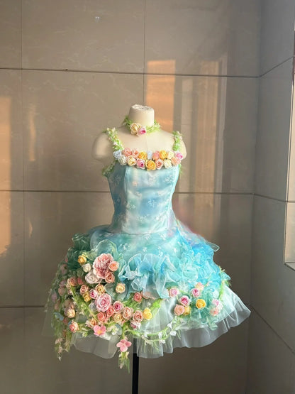Colorful Homecoming Dress Spaghetti Straps Flower Pleated Short Prom Dress Back to School Outfits Party Dress  D5454