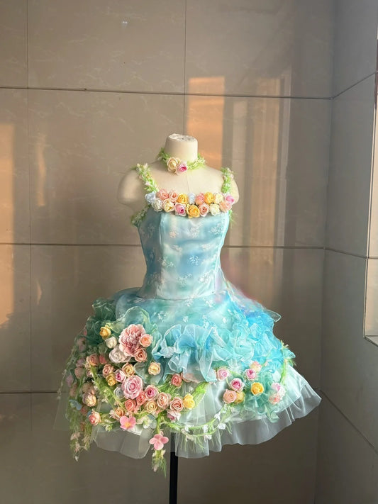 Colorful Homecoming Dress Spaghetti Straps Flower Pleated Short Prom Dress Back to School Outfits Party Dress  D5454