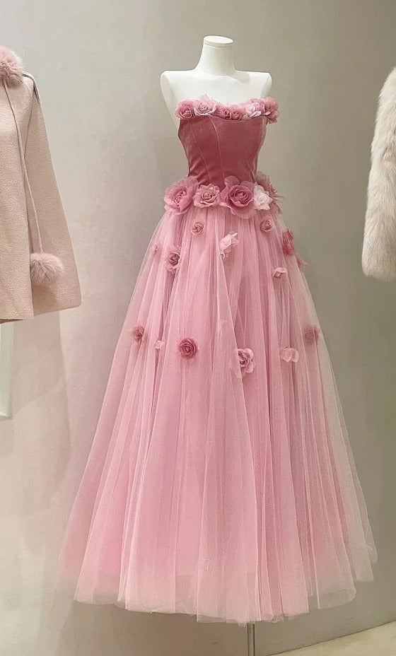 Hübsches Abschlussballkleid Trägerloses Plissiertes Tüll-Blumen-Gala-Kleid Abendkleid Festliches Kleid      D5457